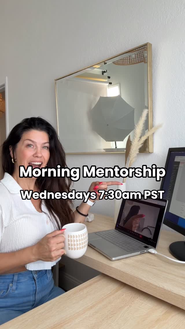 Danielle at her desk with a coffee: Morning Mentorship, Wednesdays 7:30am PST